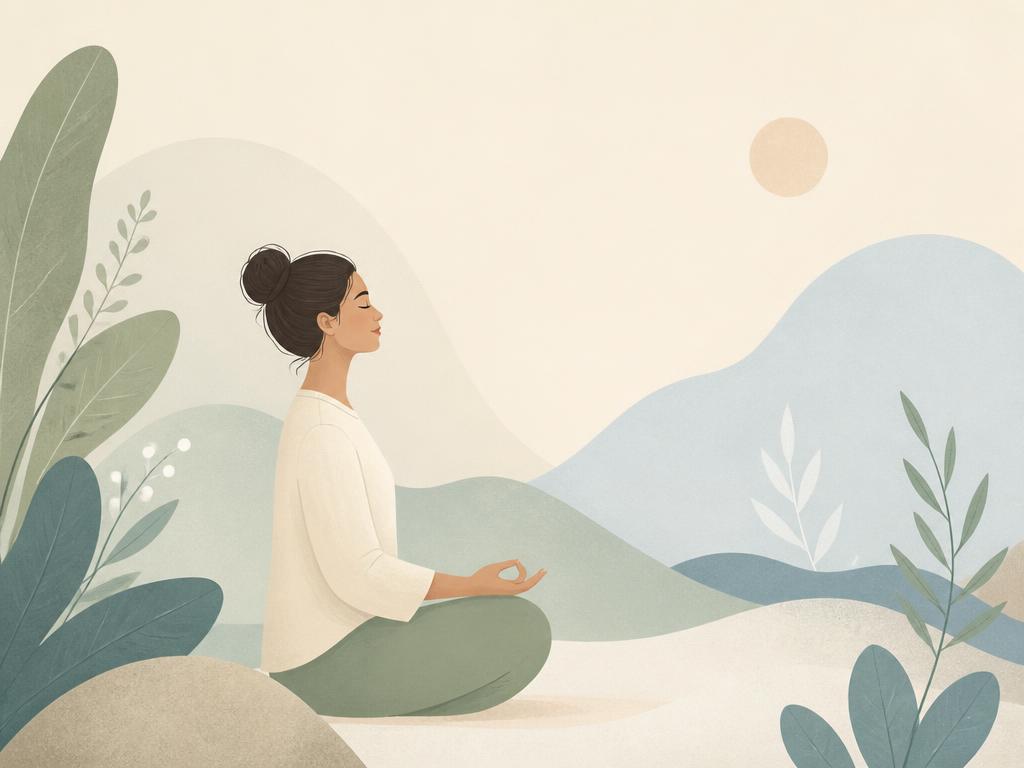 Ilustración serena de una persona respirando en un entorno natural en tonos verdes y azules
